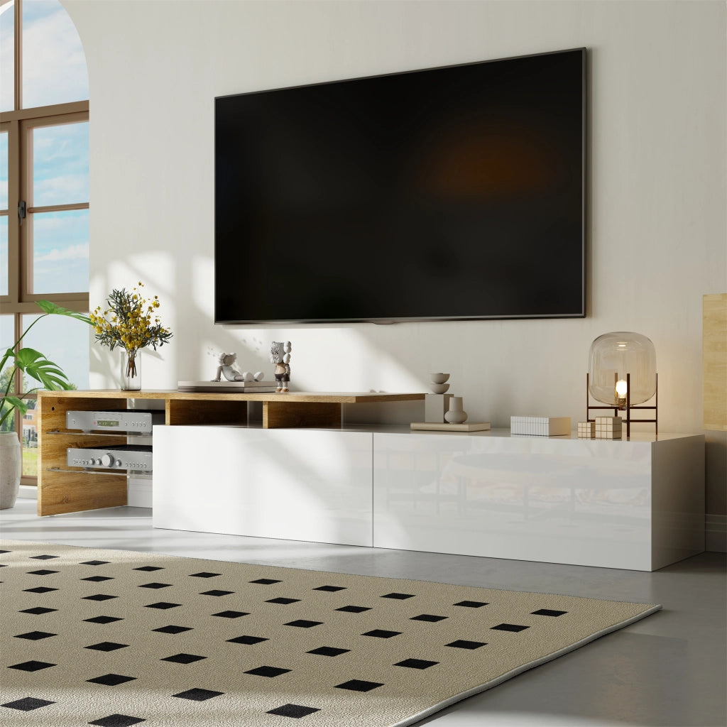 Mobile TV 170x33x33.5 cm; ripiani in vetro e LED a 16 colori; pannello truciolare; bianco e naturale