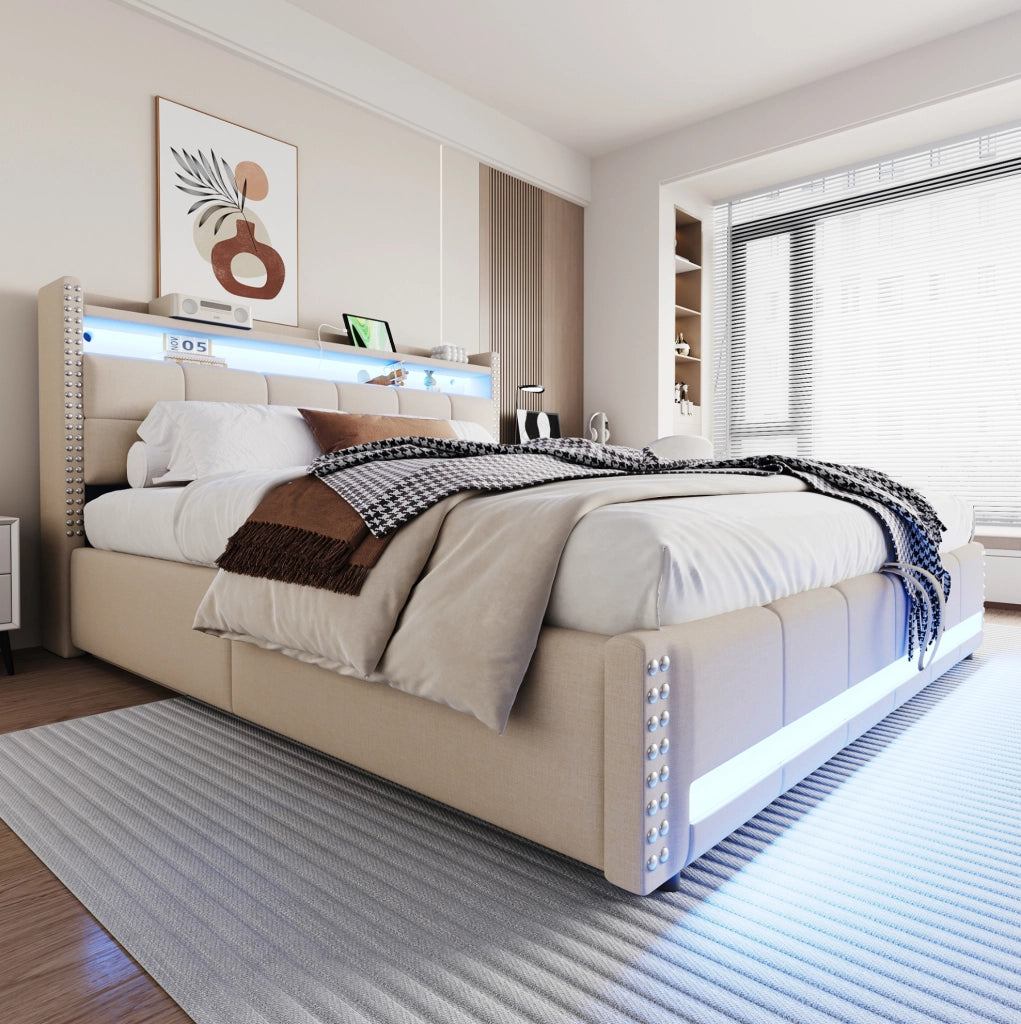 Letto imbottito 180x200 cm con contenitore; LED e USB in lino