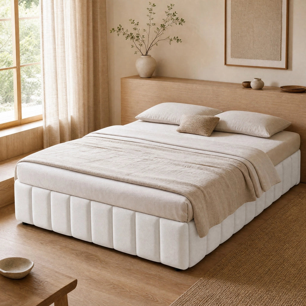 Letto matrimoniale 140x200 cm con contenitore idraulico; senza testiera; in lino beige