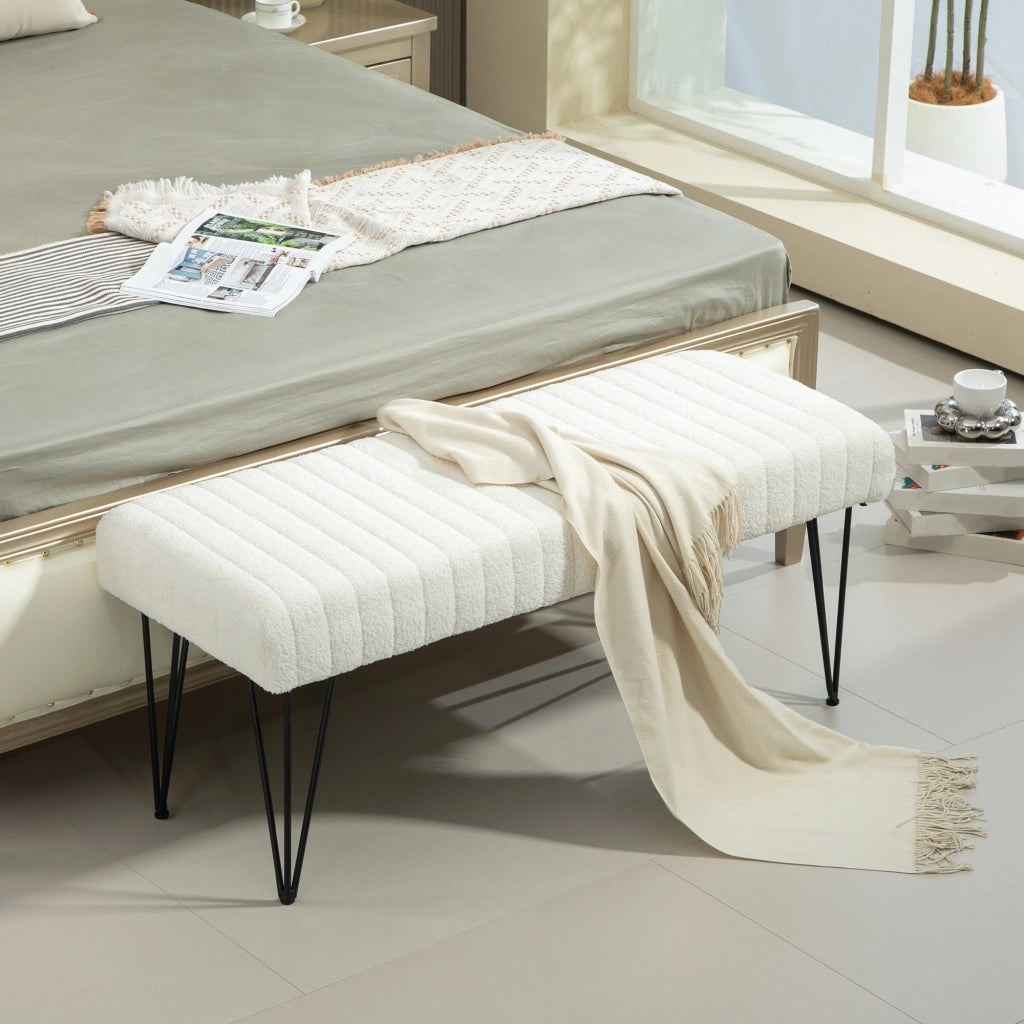 Panca Fondoletto in Tessuto Effetto Ciniglia Gambe a Forcina in Metallo 118,5x46x49,5 cm Crema