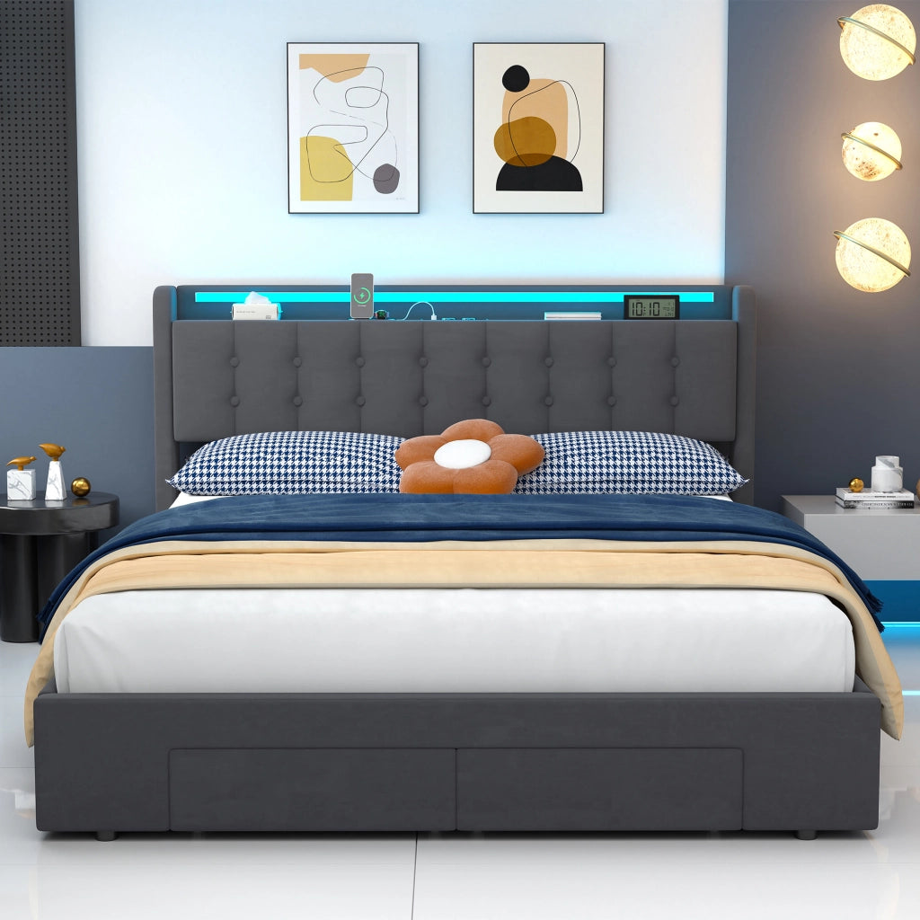 160x200 cm in velluto grigio scuro con contenitore, 2 cassetti, USB e luce d'atmosfera