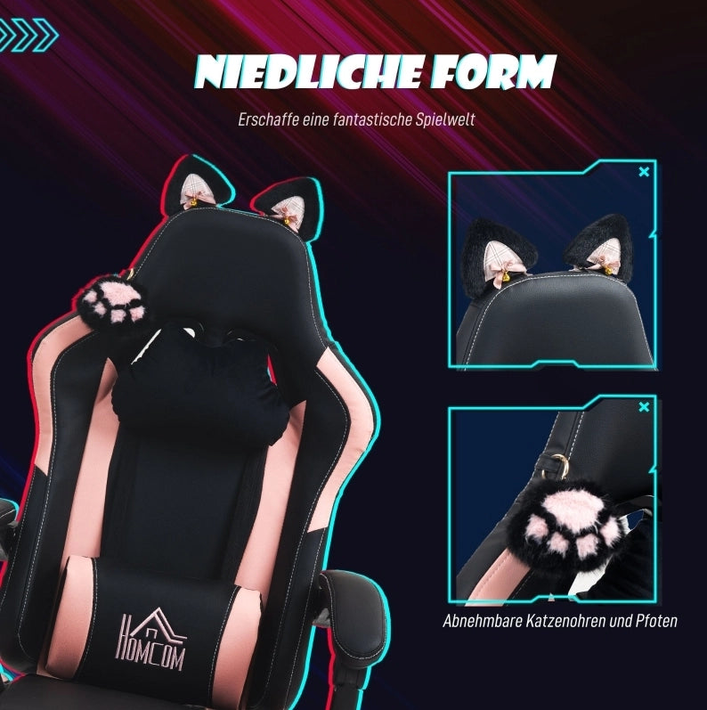 Poltrona gaming nera con orecchie di gatto e poggiapiedi