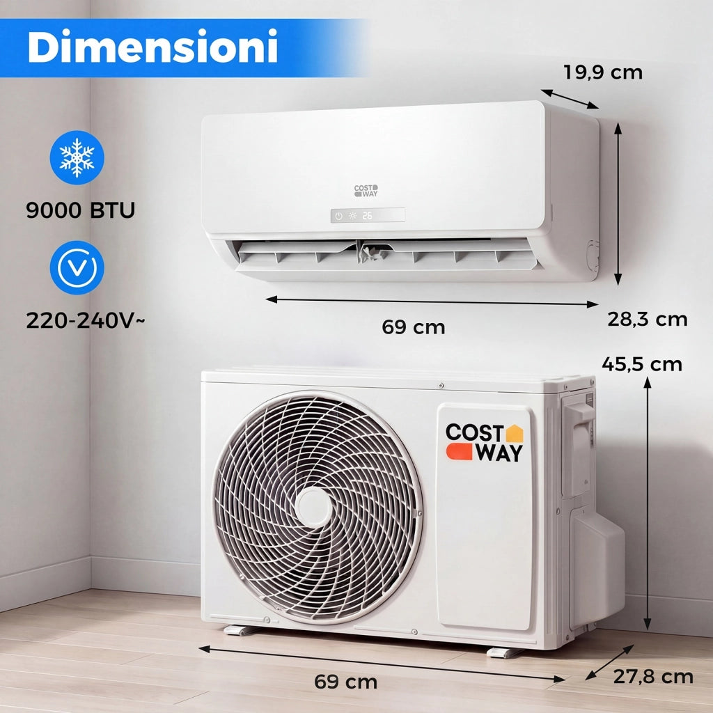 Condizionatore Inverter Monosplit, Climatizzatore 9000 Btu, R32, A++, Silenzionso 19 dB, A++, Raffrescamento, Riscaldamento, Deumidificazione, Ventola, Timer, WiFi, Telecomando, Autopulizi