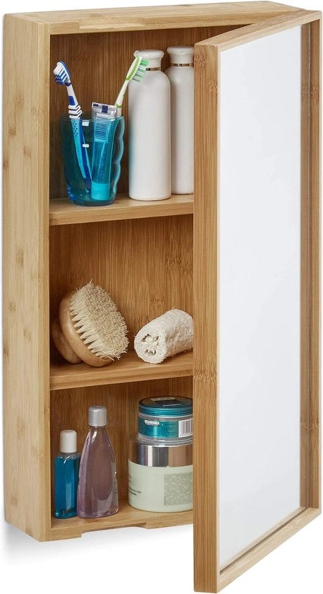Cassa da bagno in bambù con specchio appeso dimensioni HxBxD 605x35x14 cm colore naturale