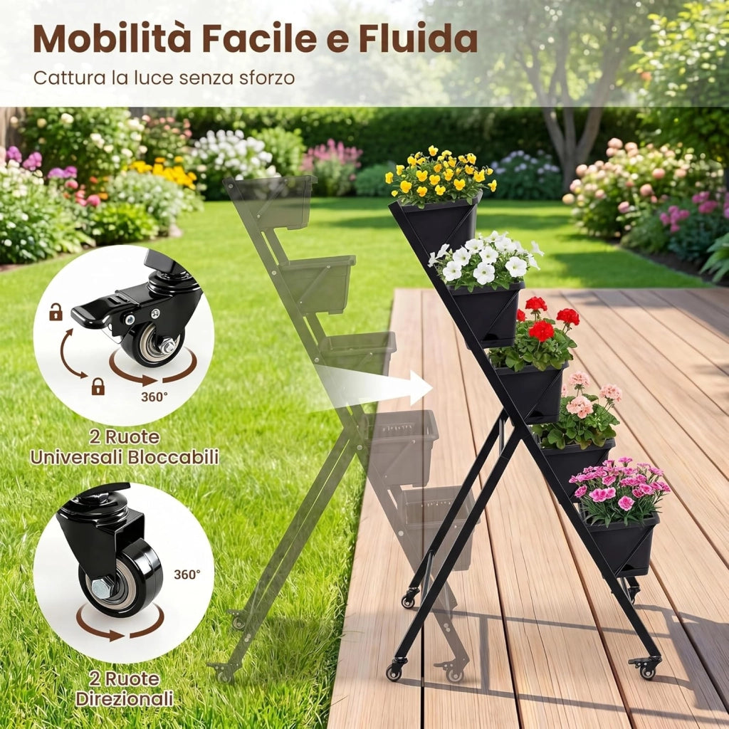 Fioriera Verticale a 5 Livelli, Orto Rialzato da Interno ed Esterno con Ruote Bloccabili, Vassoio e Foro di Drenaggio, Scaffale a Scaletta in Metallo Verniciato per Piante, Fiori e Verdure