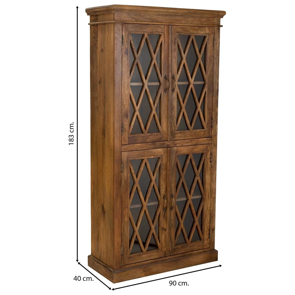 Vetrina in legno e vetro rifinita artigianalmente con 2 ante marrone 90x40x183