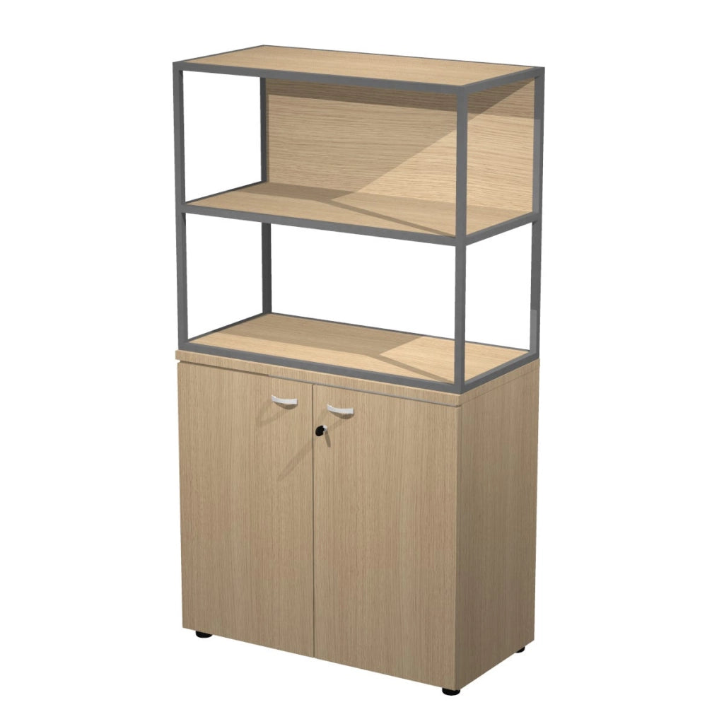 Libreria a 2 vani con struttura metallica sovrapposta ad armadio basso completo di ante battenti cm. 90x46x165h