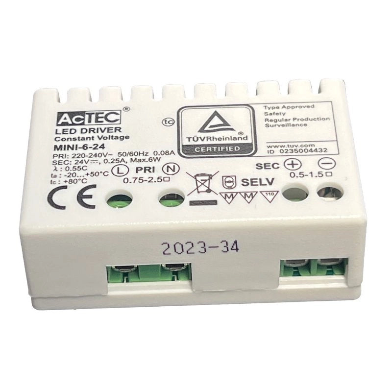 Mini Alimentatore Trasformatore 6W 24V 0,25A IP20 50X32X18,5mm Con Morsetti