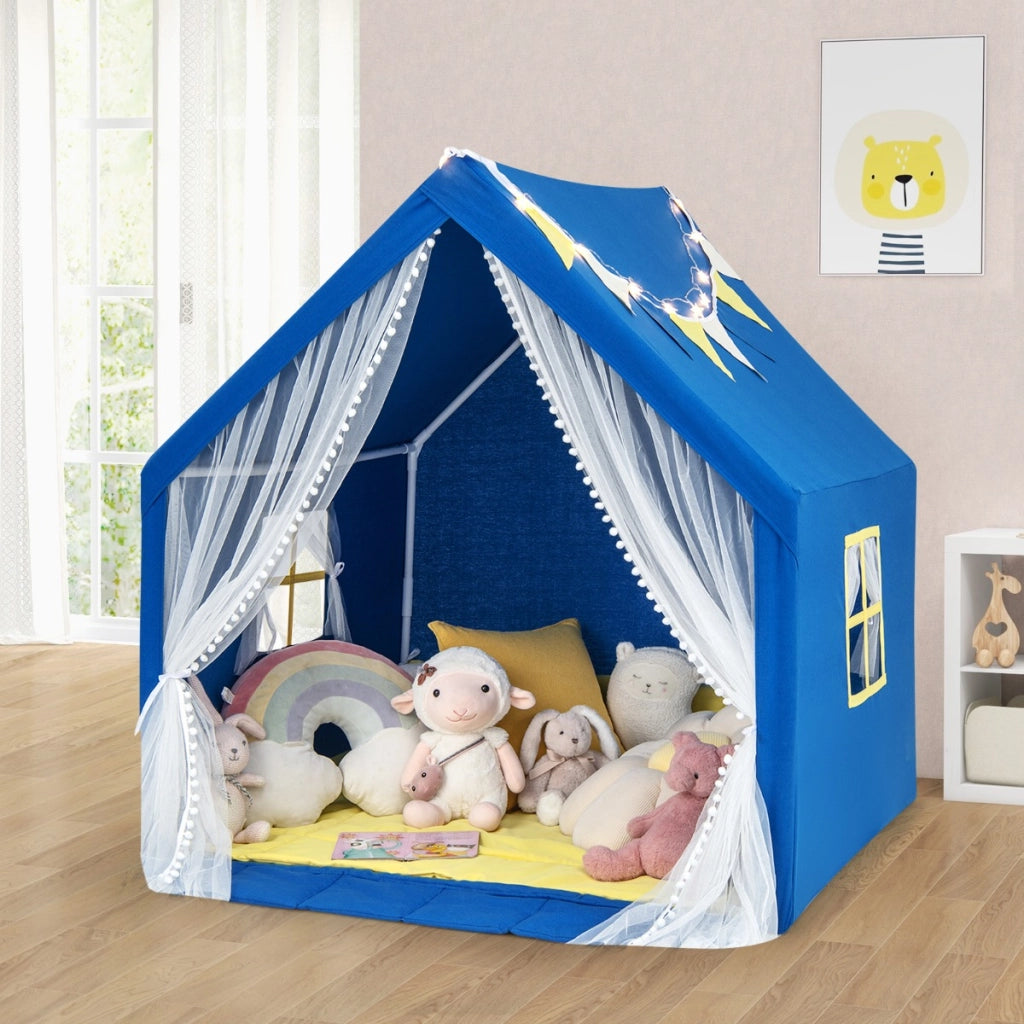 Tenda da gioco per bambini con tappeto in cotone lavabile luci stellari finestre, Casa da gioco 122x105x125cm Blu-Tende e Casette per bambini