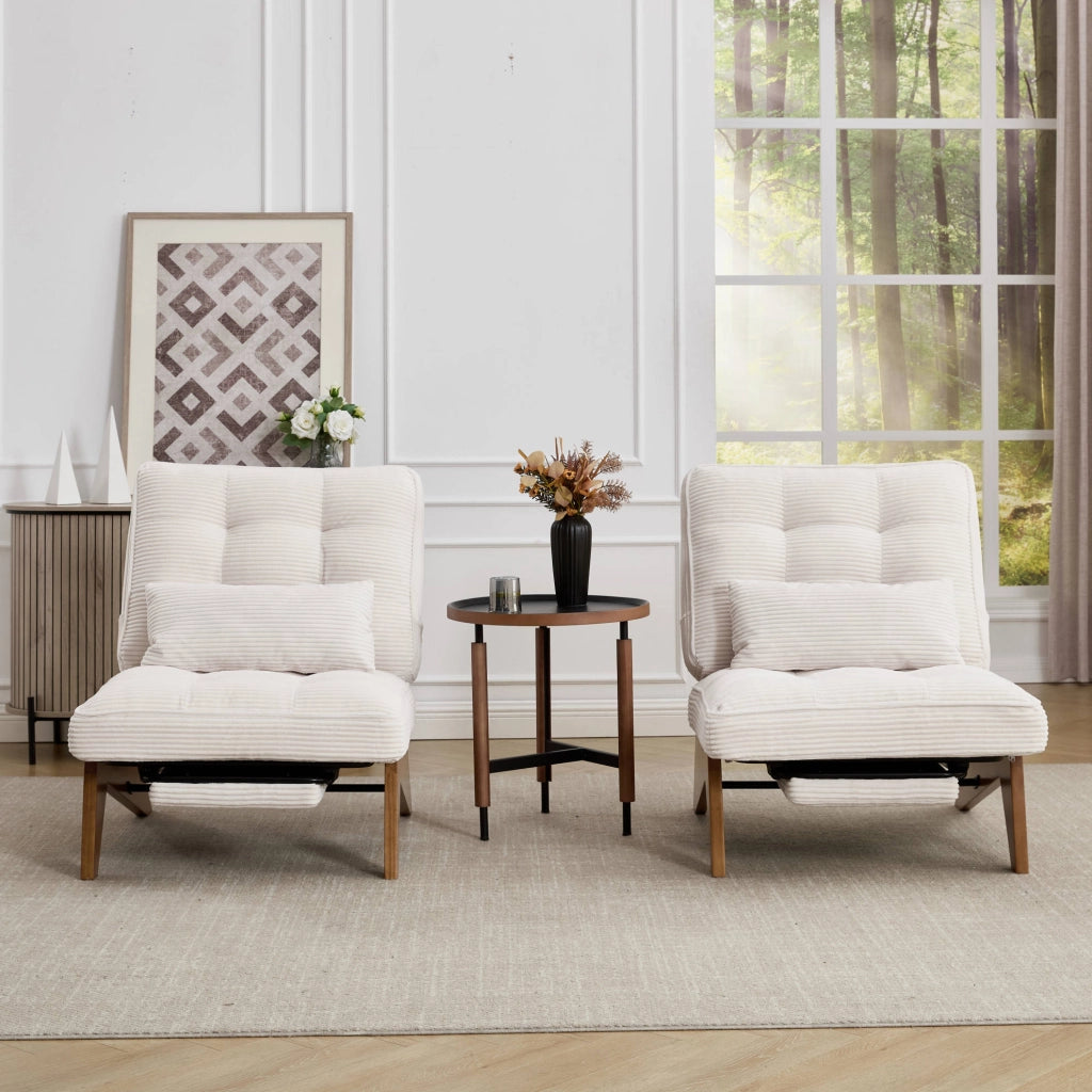 Poltrona relax reclinabile in corduroy beige con cuscino lombare e gambe in legno massello