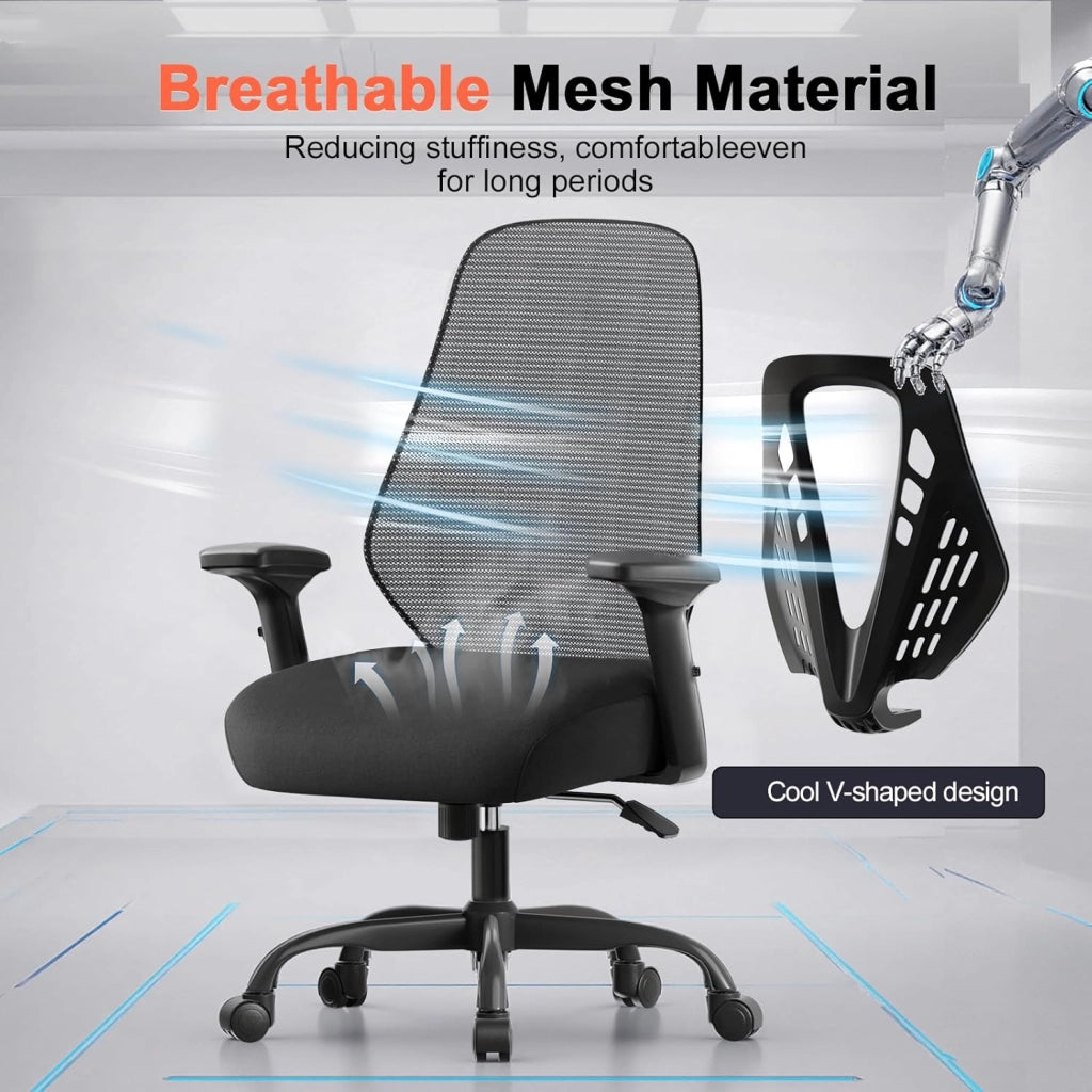 Sedia da ufficio ergonomica con braccioli regolabili, in rete traspirante, schienale a forma di V, funzione basculante, seduta in schiuma ad alta densità, colore nero