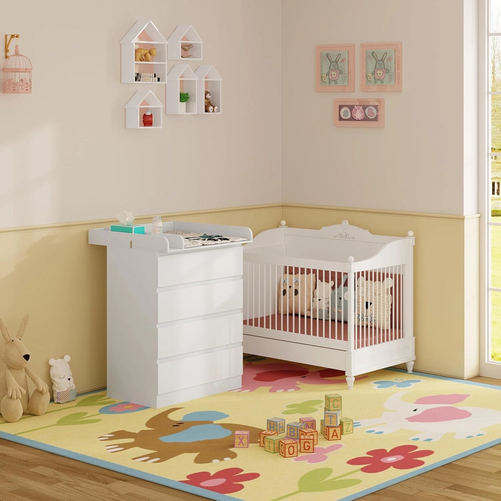 Mobile Fasciatoio per Bambini, Cassettiera con 4 Cassetti, Cassettone con Ripiano Fasciatoio Rimovibile, in Legno MDF e Truciolare, Bianco+Evidenzia Bianco
