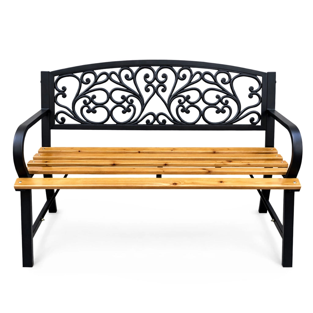 Panchina da giardino nera NERINA con legno laccato e gambe in ghisa larghezza 118 cm