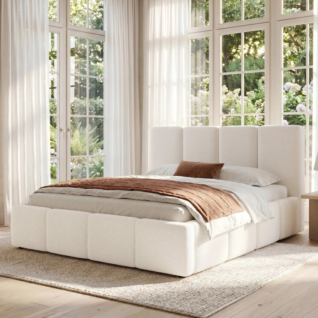 Letto matrimoniale imbottito 180x200 cm in tessuto bouclé beige con rete a doghe