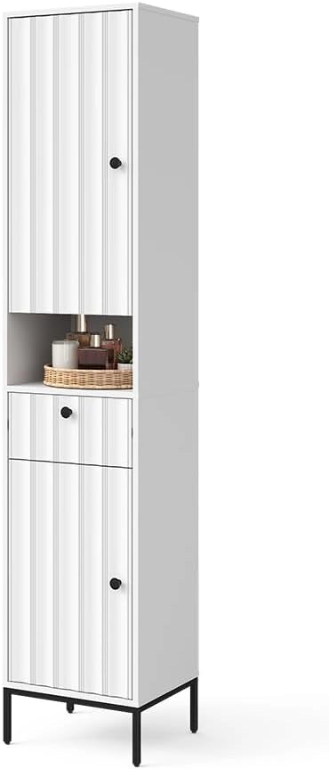 Armadio per il bagno Eliza, Ondulazione bianca, 40 x 190 cm con 2 porte, per la conservazione di accessori da bagno e combinabile con la serie Eliza
