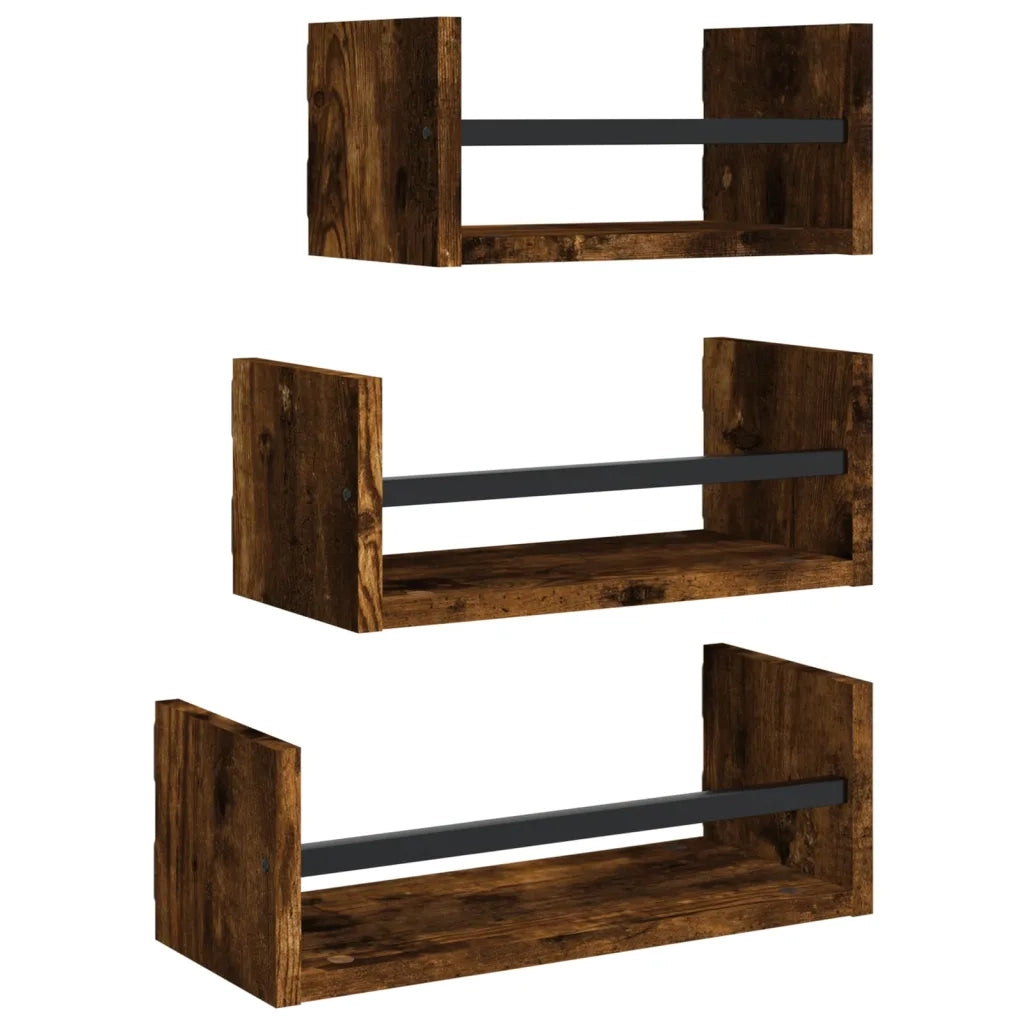 3 pz Set Mensole Parete | Mensola sospesa con Aste Rovere Fumo Legno Multistrato