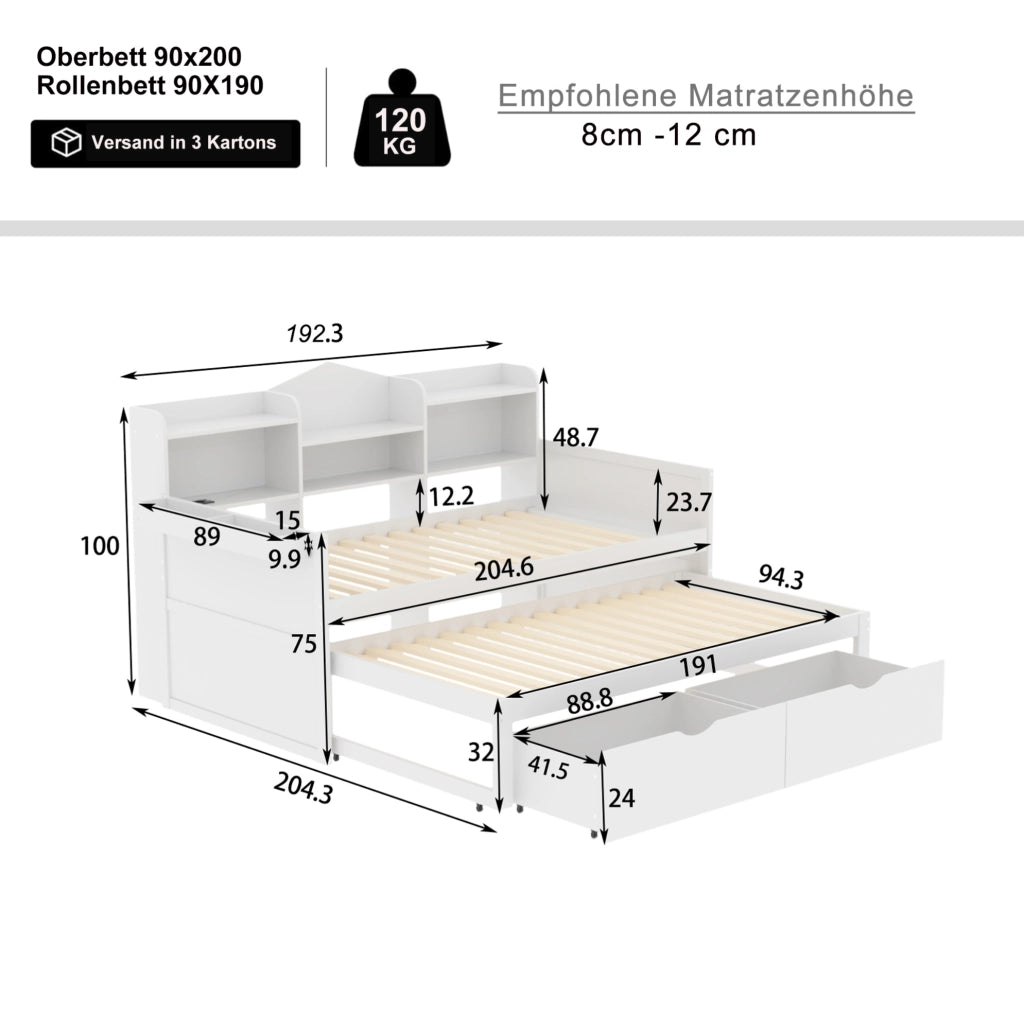 Letto singolo multifunzione estraibile 90x200 cm; bianco; con 2 cassetti e porta USB