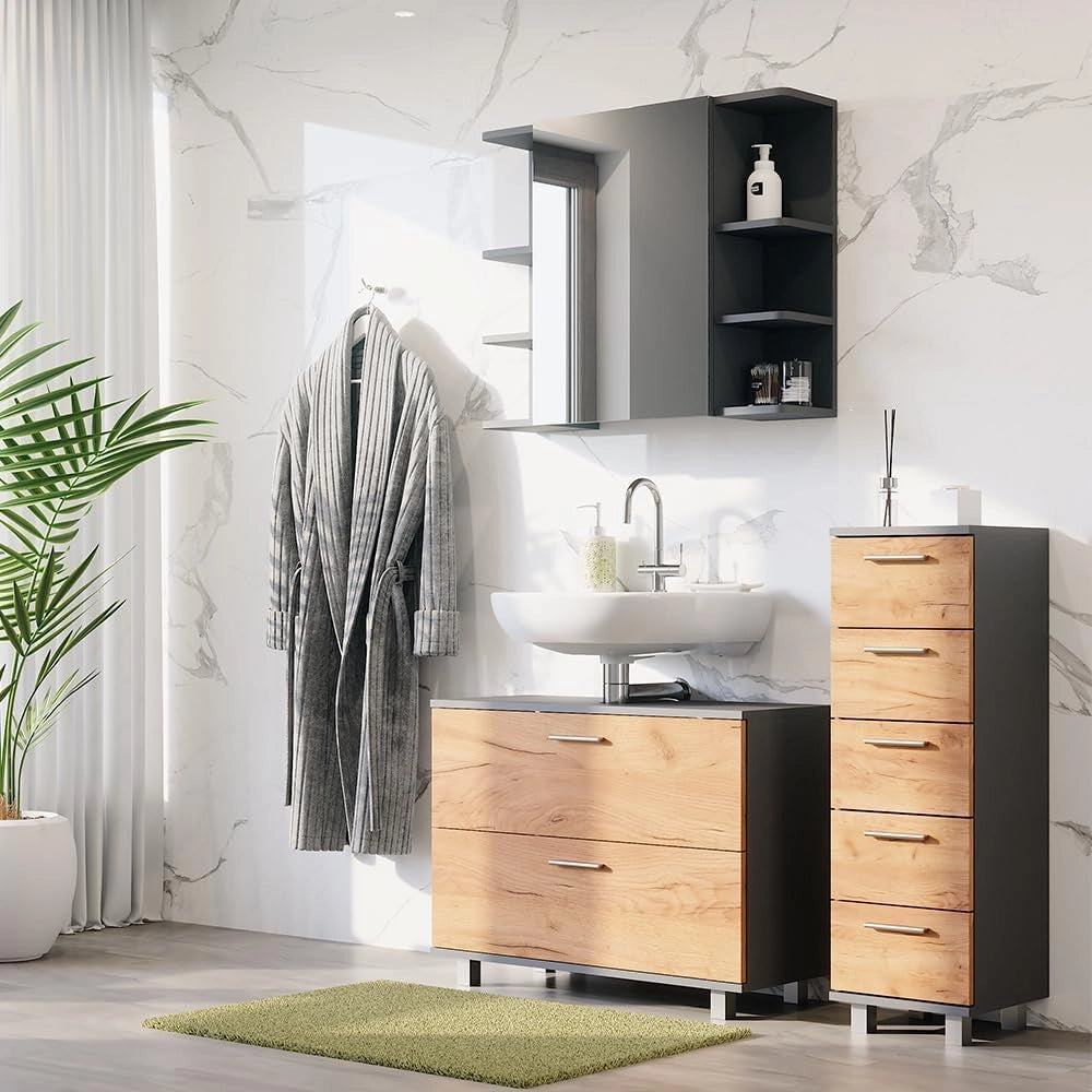 Set di mobili da bagno Ilias, Quercia dorata/antracite, 80.2 cm, composto da mobile sottolavabo, specchiera e mobile medio