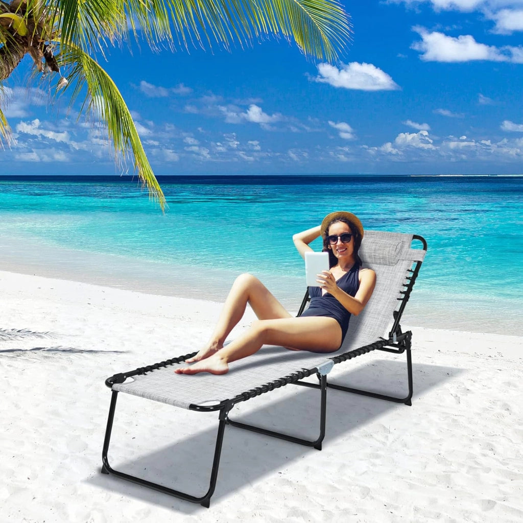 Lettino Prendisole, Lettino da Spiaggia Pieghevole, con Poggiatesta Rimovibile, Regolabili in 5 Posizioni, Sdraio Portatile con Piedini Antiscivolo, per Piscina, Giardino, Mare (Gray)