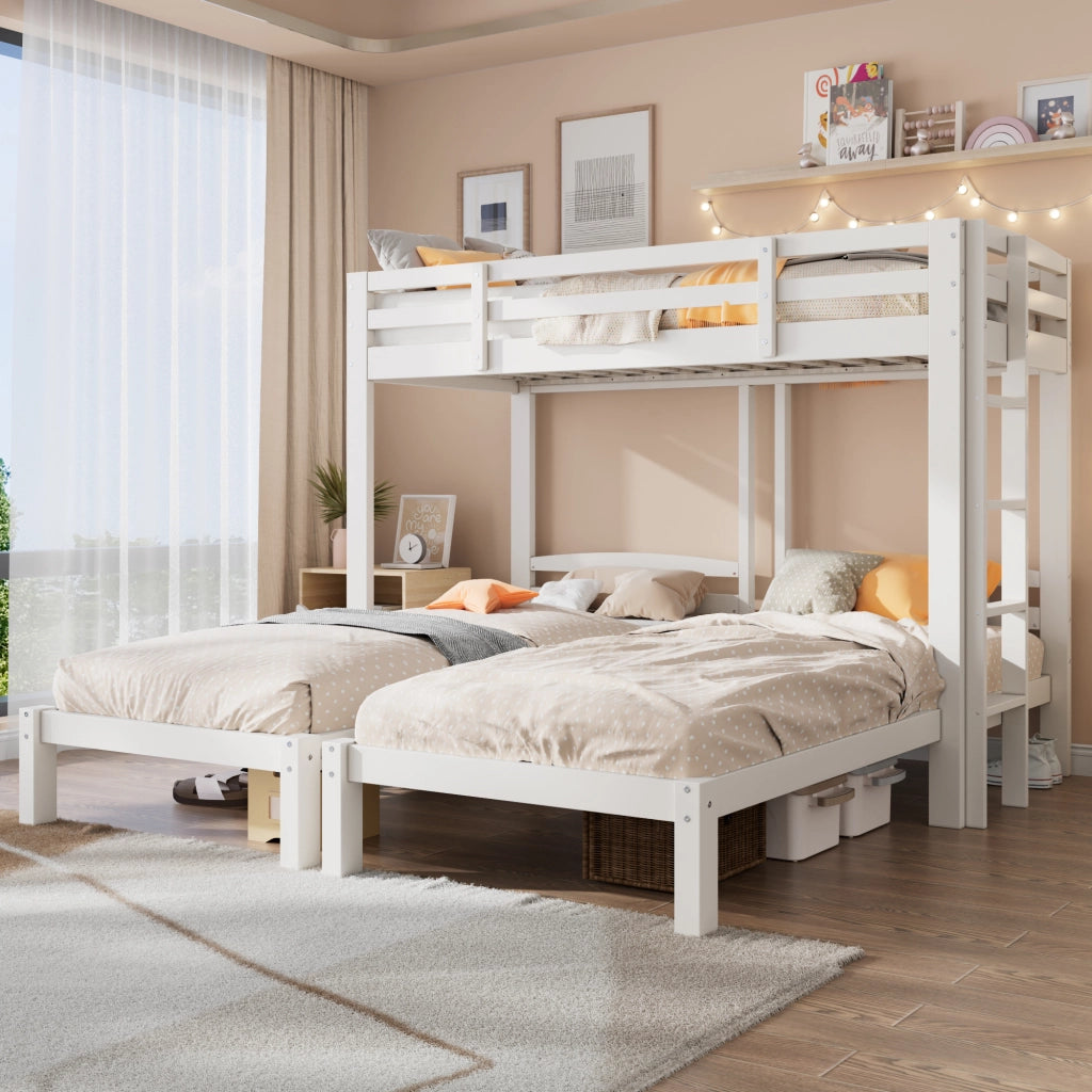 OKWISH Letto a Castello 90×200 cm, Letto 3 Posti con Scala Laterale e Sponda, senza Materasso, in Legno Massello, Bianco