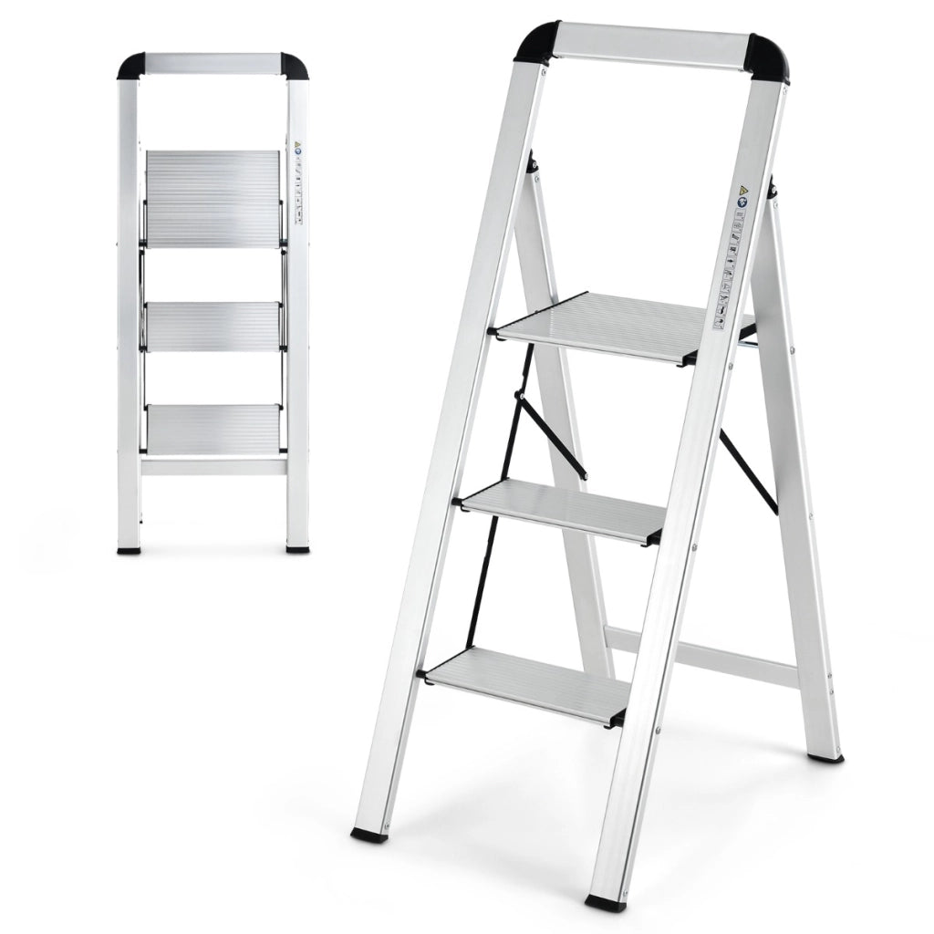 Scala pieghevole in alluminio con gradini antiscivolo e poggiapiedi, Scala portatile portata 150kg 44x62x109cm-Scale e ponteggi