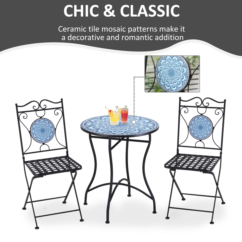 EasyComfort Set da Giardino 3 Pezzi, Tavolino e 2 Sedie Pieghevoli con Mosaico, Blu
