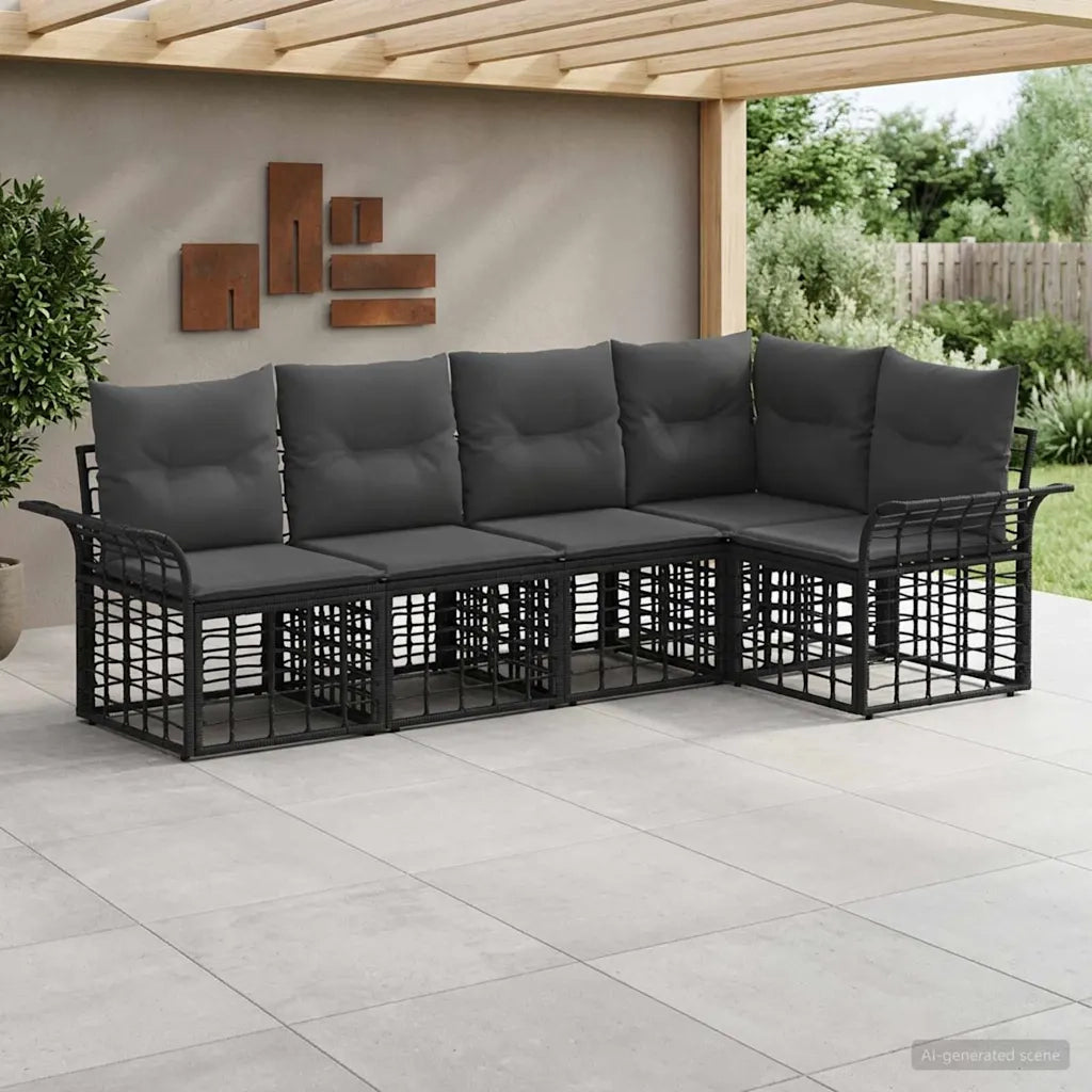 Set di divani da esterno 5 pz | Set Salotto da Giardino Nero e Grigio scuro Poliestere