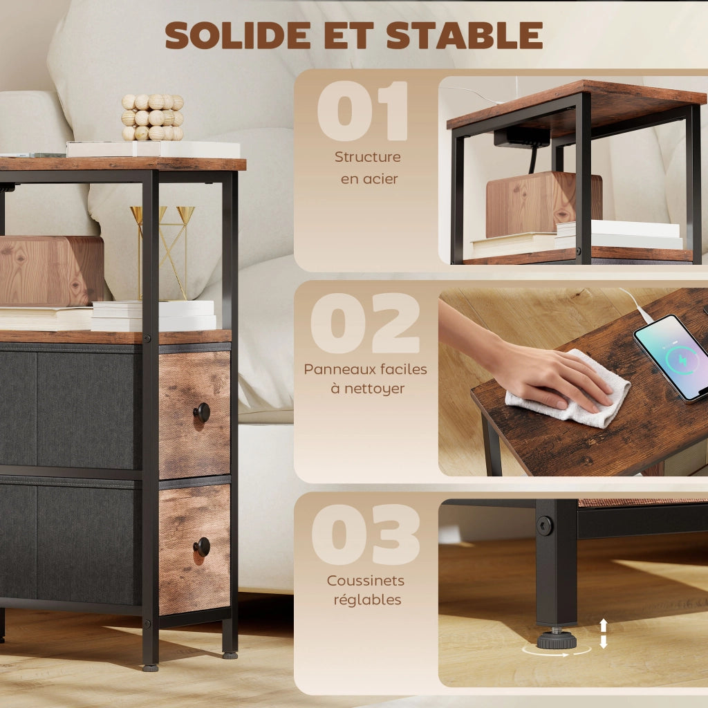 Table d'appoint avec station de charge, table de salon étroite avec 2 tiroirs en tissu, étagère ouverte, brun rustique