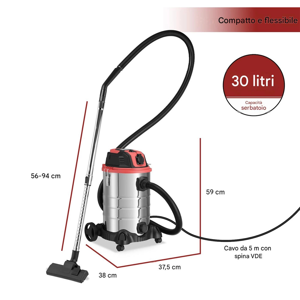 Aspiratore Solidi e Liquidi da 30 L 1200 W Acciaio con Filtro HEPA e Soffiante