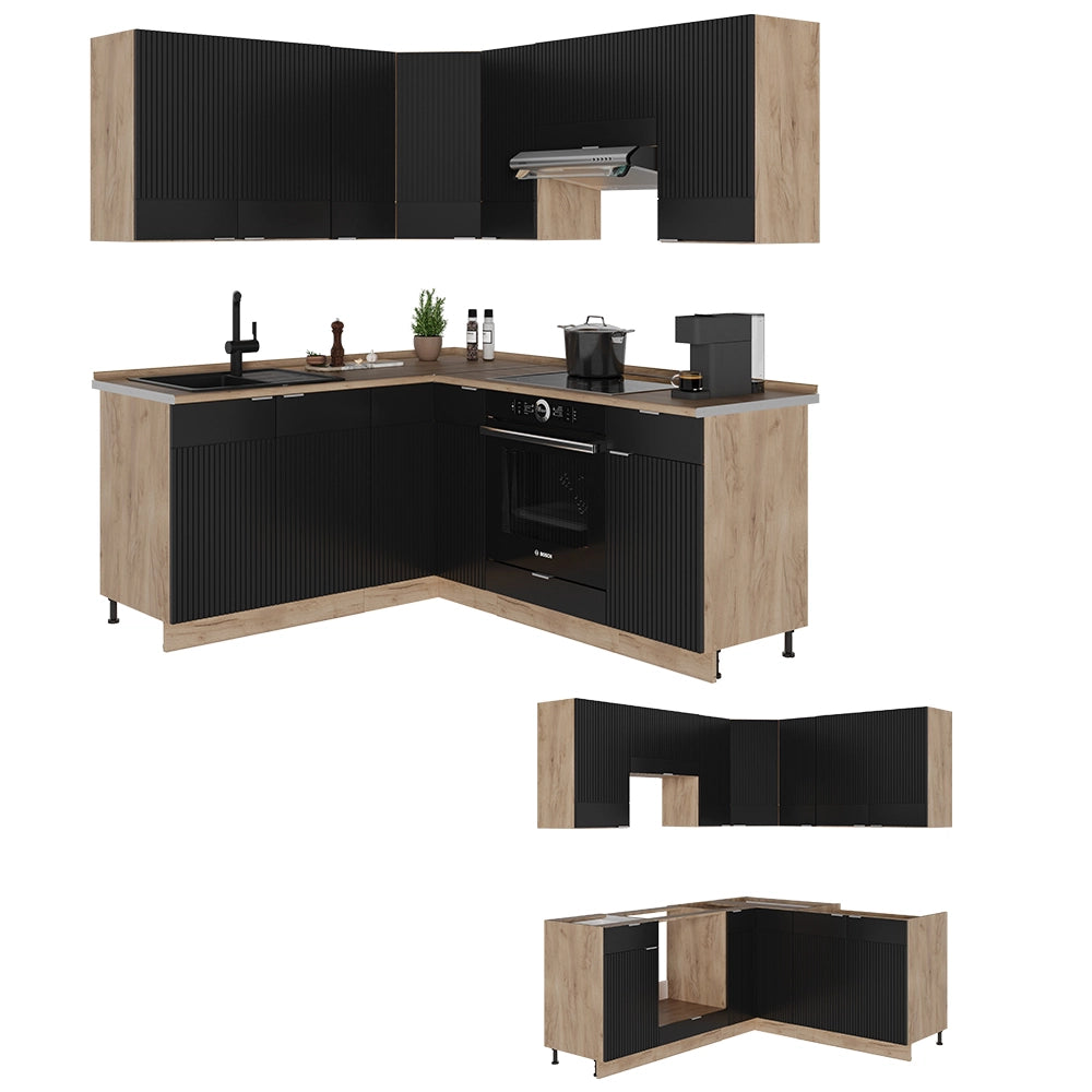 Vicco Cucina angolare completa Rovere nero rigato/oro 160 x 190 cm , PL Marmo