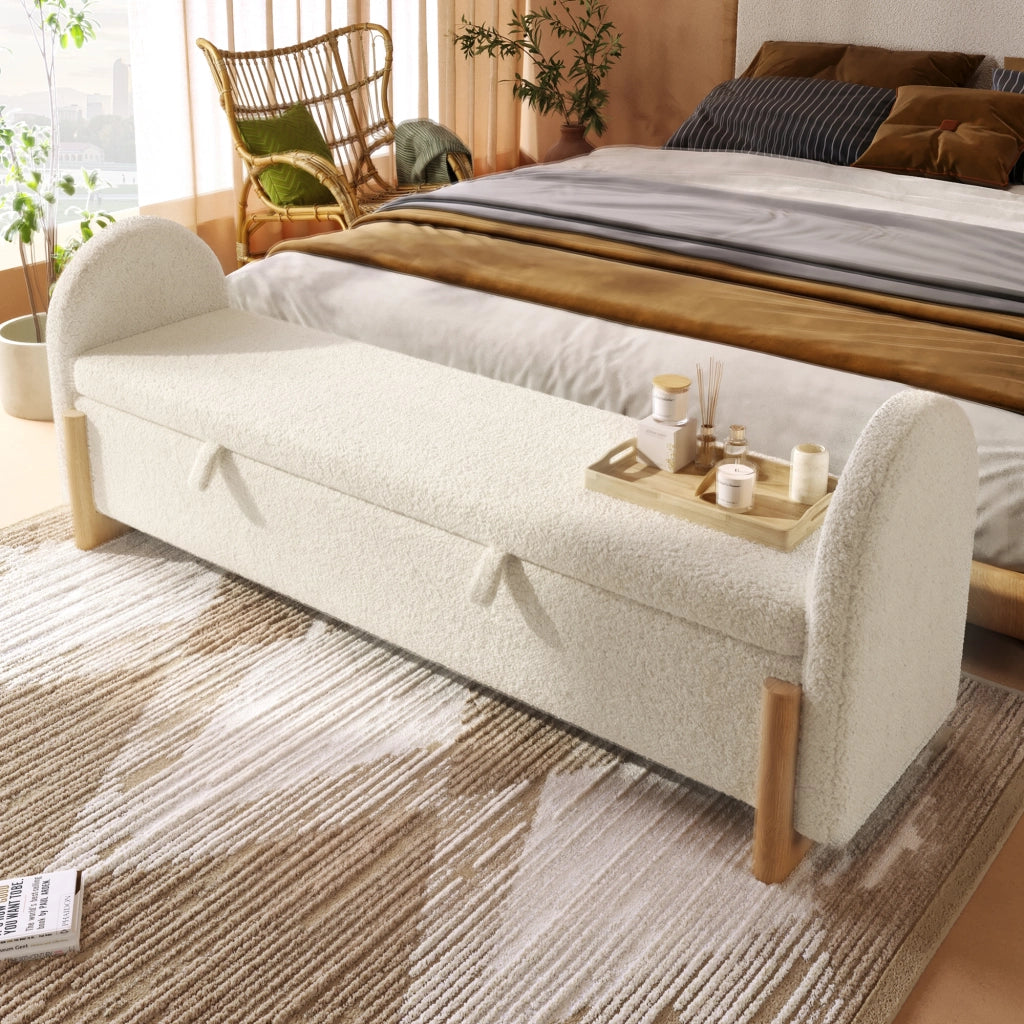 Panca contenitore 186 × 47 × 61 cm con vano idraulico e soft-close, senza materasso, in chenille bouclé, bianco
