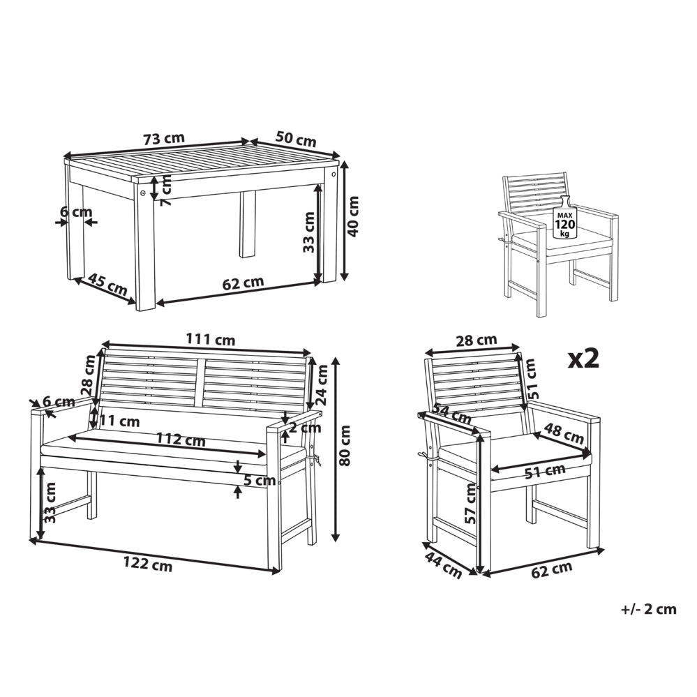 Set da giardino grigio in legno di acacia certificato con tessuto 4 posti con tavolino divano 2 sedie resistenti all'acqua e ai raggi UV