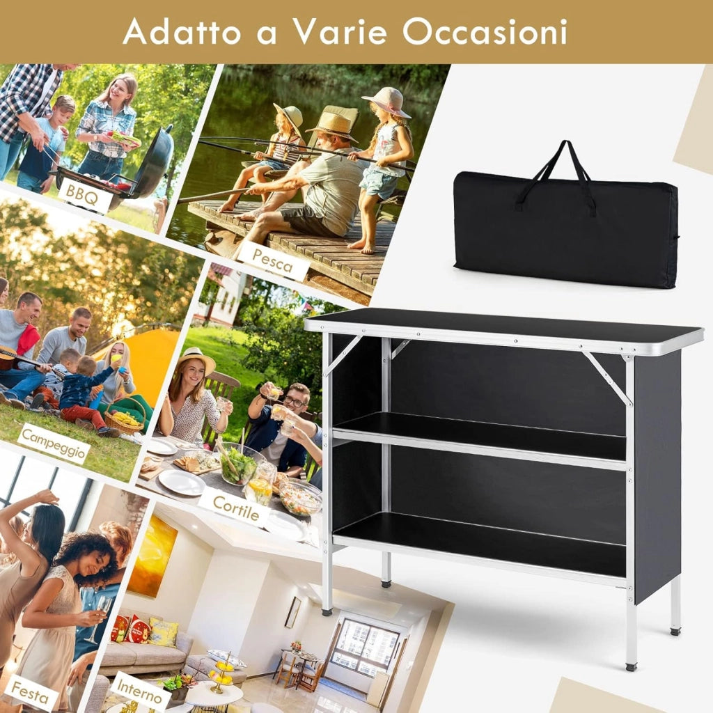 Cucina da Campeggio Pieghevole con Telaio in Alluminio, Mobile da Campeggio con 3 Ripiani e Borsa per Trasporto, Cucina da Esterno per Attività all'Aperto, Picnic e Barbecue (Nero)