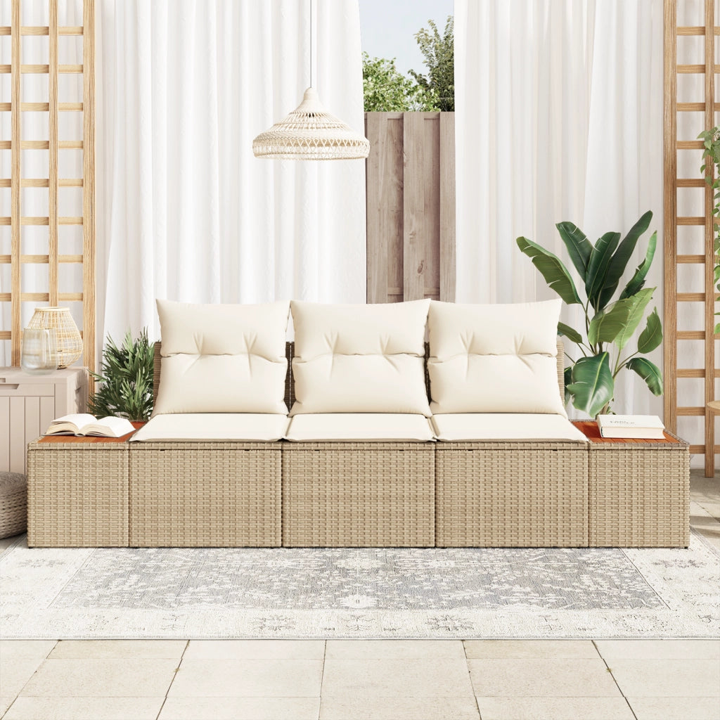 Set di Divani da Giardino 3 Pezzi con Cuscini Beige Rattan Polietilene Acacia