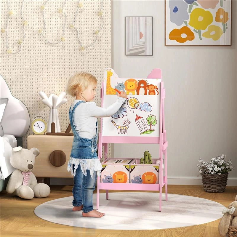 CAVALLETTO ARTISTICO PER BAMBINI 3-8 ANNI CON LAVAGNA A 2 LATI E 2 CESTINI CONTENITORI, IN LEGNO, 53.5X49X113 CM, ROSA
