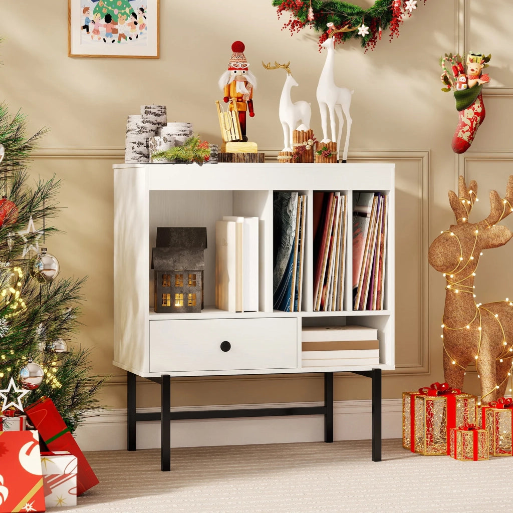 Large Record Player Stand with Open Compartments and Album Holders-White