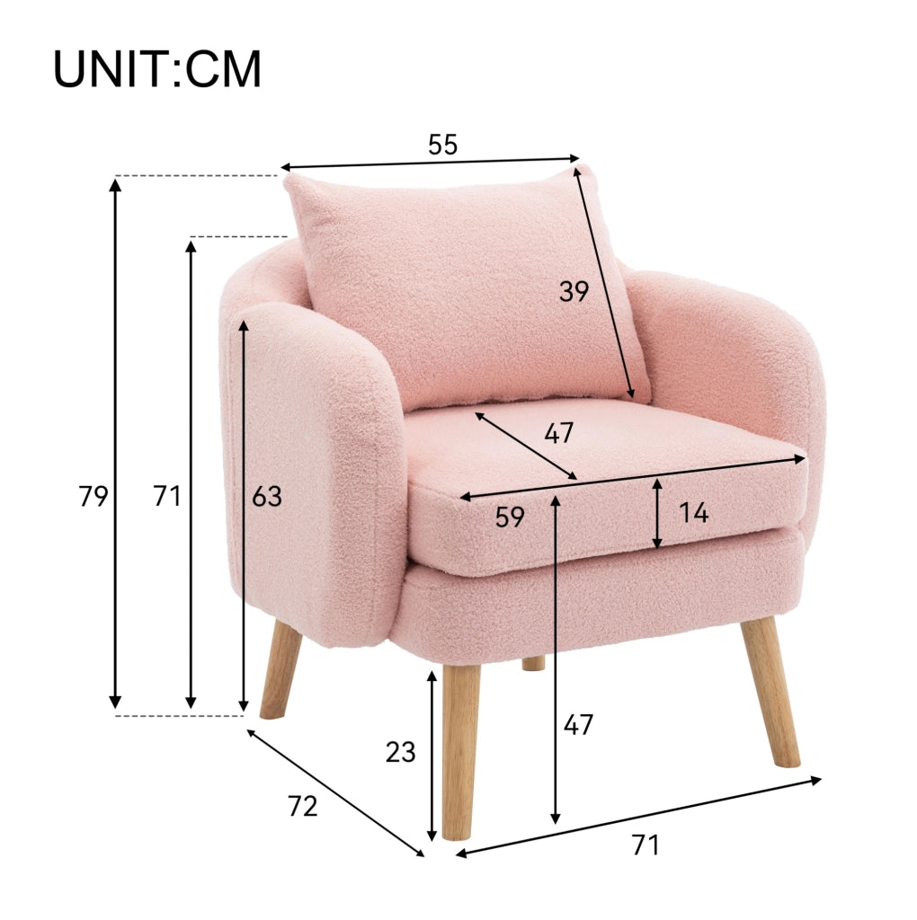 Poltrona singola Teddy rosa con cuscino e struttura in legno