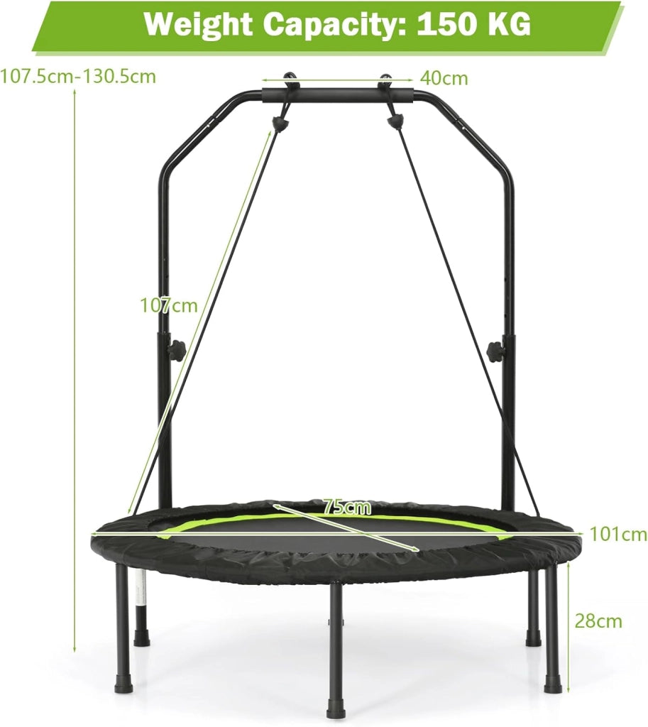 Trampolino Fitness Ø101 cm con Carico di 150 kg, Trampolino Elastico con 2 Fasce di Resistenza e Manico Regolabile in 4 Livelli, Mini Trampolino di Rimbalzo Pieghevole per Adulti e Bambini