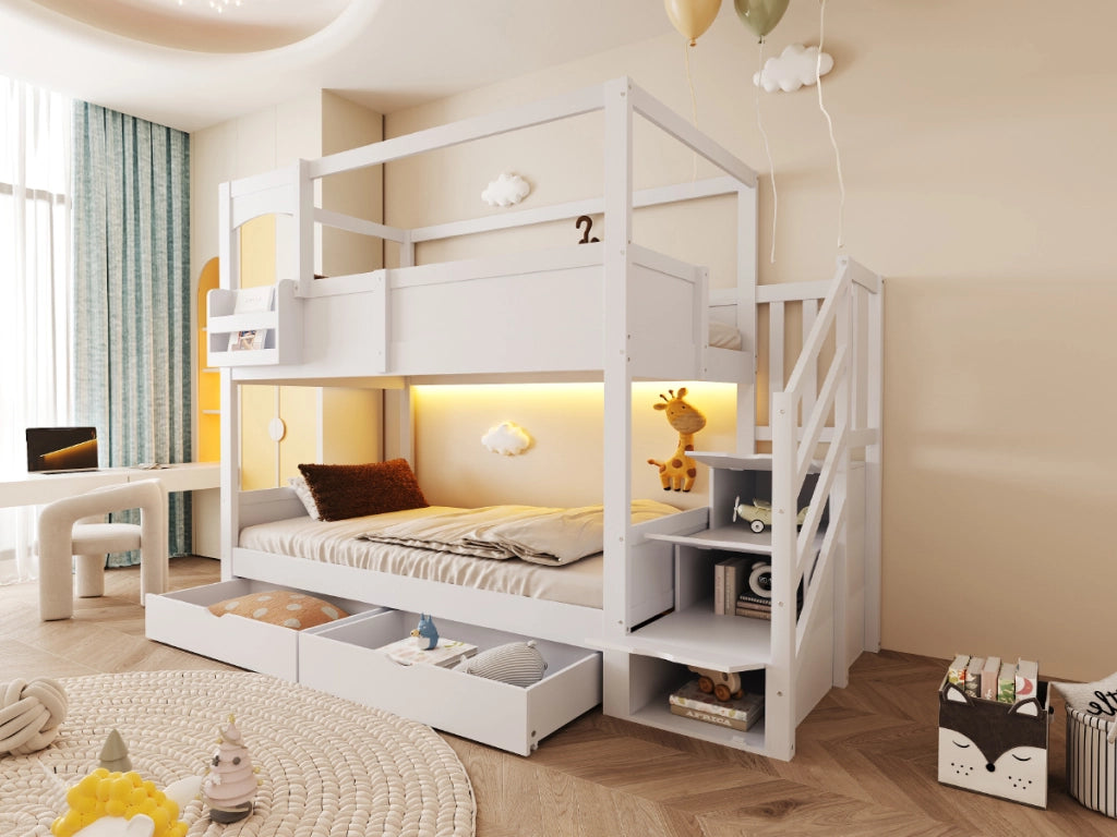 Letto a castello per bambini a forma di casa con lavagna, scala e cassetti, 90x200 cm, bianco