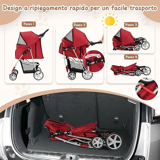 Passeggino Animali Domestici Pieghevole, 2 in 1 Trasportino per Cani/Gatti, con Porta Doppio, Freno Posteriore, 4 Ruote Girevoli, Carrozzina Compatta (Nero, Singolo) (Rosso, Singolo)