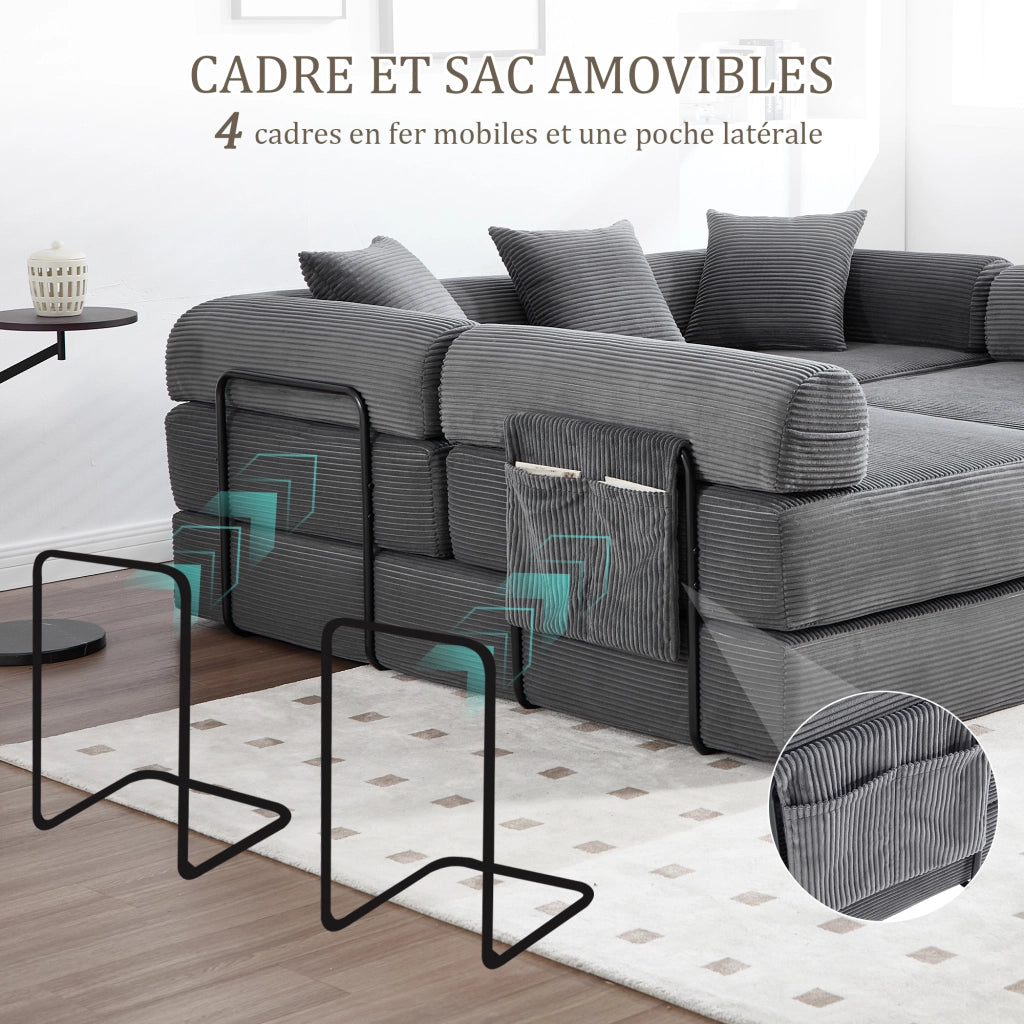 Canapé modulaire con funzione letto e tasca laterale per famiglia e ospiti in velluto a coste grigio scuro da salotto