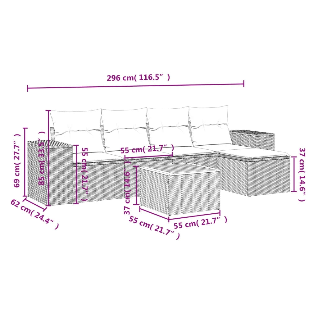 Set Divano da Giardino 6 pz con Cuscini Beige in Polyrattan