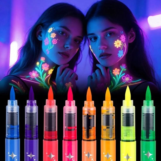Set di pennelli coloranti solidi da 8 - Fluorescente Neon - Resistente al sudore e all'acqua - Luminoso in oscurità - Per trucco e body painting - Colori vivaci - Pennarelli neon