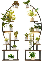 Pianta per stanza con lampade a crescita, 65,5 pollici alta tavola con 7 livelli, set di 2 angoli metallici, timer regolabile e luminosità, design a mezza luna per il display di piante in salotto