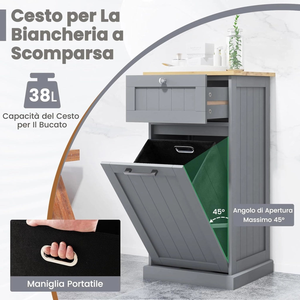 Mobile da Bagno con Portabiancheria, Mobiletto Salvaspazio da Terra con Cassetto, Ideale per Lavanderia e Bagno, 40 x 37 x 82 cm, 38 L (Grigio)