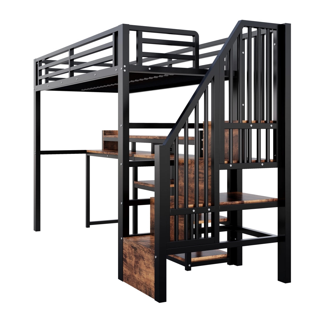 Letto a soppalco nero 90 x 200 cm con LED, USB e armadio a scala