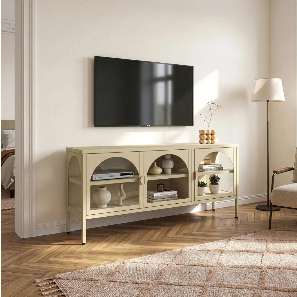 Vetrina Bassa Klippestad a 3 Ante in Vetro Credenza con 4 Scomparti 118 x 35 x 55 cm - Color Cammello [en.casa]
