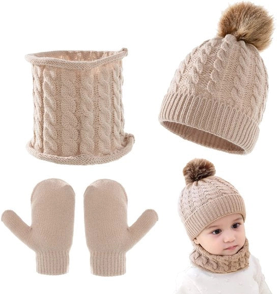 Set di Berretti Caldi per Bambini - Muffe/Sciarpe/Manopole - Intrecciati - Design a Piuma - Soothing/Acrilici - Per 0-3 Anni - Set per Bambini