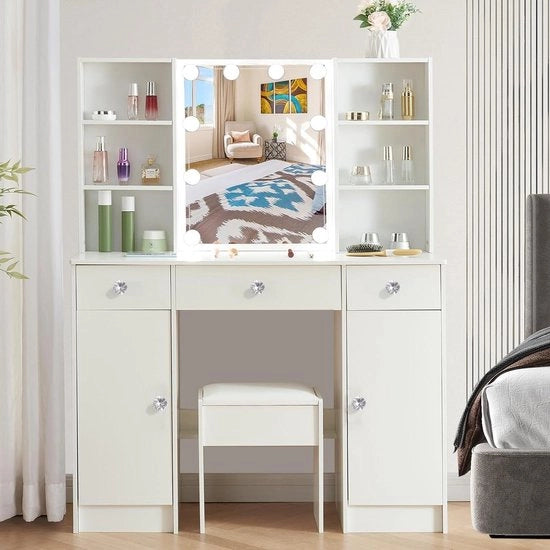 Tavolo per trucco con illuminazione LED e grande specchio - 3 colori - regolabile luminosità - tavolo per trucco moderno in bianco