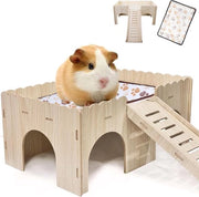 Casa per conigli con pendenza - letto morbido per piccoli animali - casa per conigli - con 4 ingressi - riparo in legno - letto e accessori per gioco per conigli 38x25x18cm